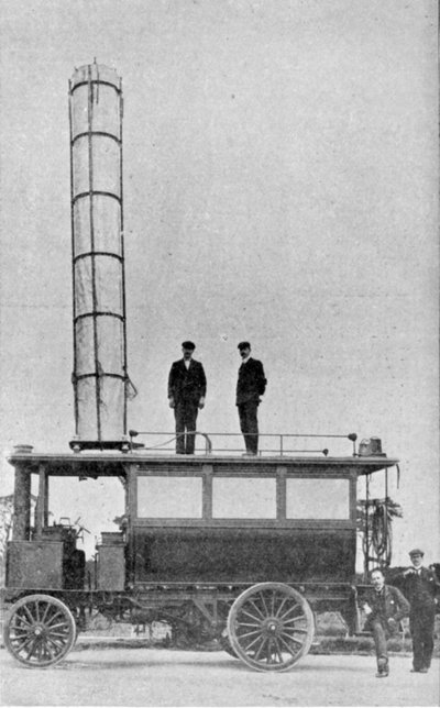マルコニスモーターカー、無線電信を送受信するためのファンネルを装備、1901年5月25日、キングからのイラスト 作： English Photographer